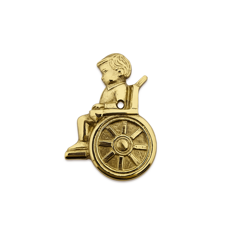 Gegoten Toiletbordje "Jongetje in rolstoel" in goudkleurig of zilverkleurig messing