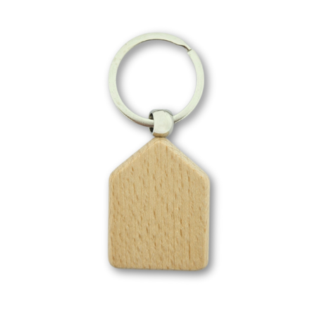Houten sleutelhanger huis met logo 35x45mm - per 1 stuk