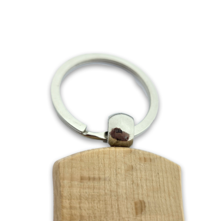 Houten sleutelhanger schild met logo 32x45mm - per 1 stuk
