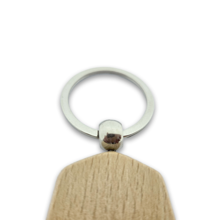 Houten sleutelhanger hexagon met logo 35x48mm - per 1 stuk