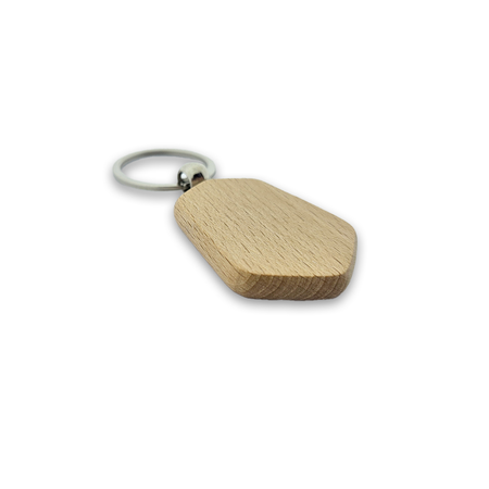 Houten sleutelhanger hexagon met logo 35x48mm - per 1 stuk