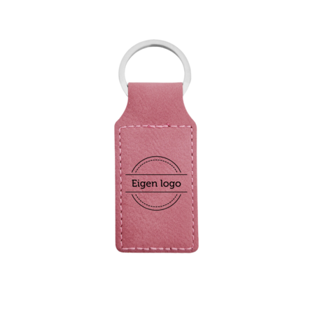 Leren sleutelhanger rechthoek met logo in roze 33x70mm - per 1 stuk