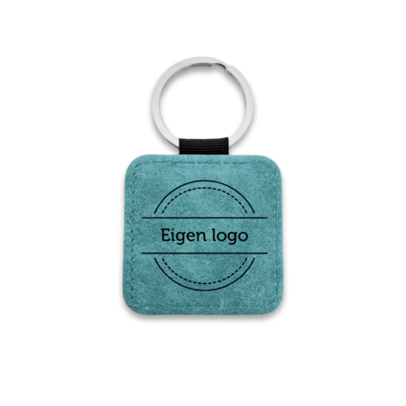 Leren sleutelhanger vierkant met logo in turquoise 50x50mm - per 1 stuk