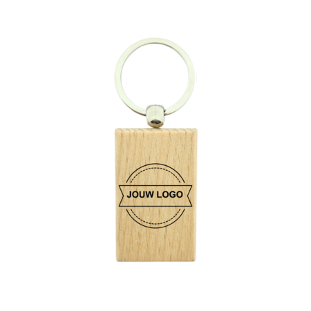 Houten sleutelhanger middel rechthoek met logo 32x51mm - per 1 stuk