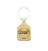Houten sleutelhanger huis met logo 35x45mm - per 1 stuk