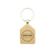 Houten sleutelhanger huis met logo