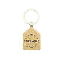 Houten sleutelhanger huis met logo