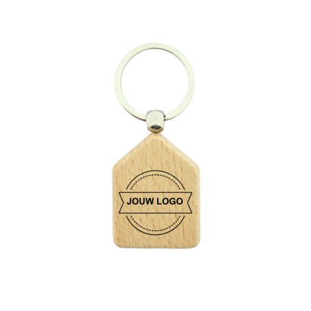 Houten sleutelhanger huis met logo 35x45mm - per 1 stuk