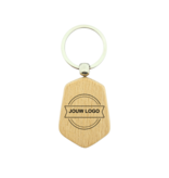 Houten sleutelhanger hexagon met logo 35x48mm - per 1 stuk