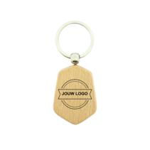 Houten sleutelhanger hexagon met logo