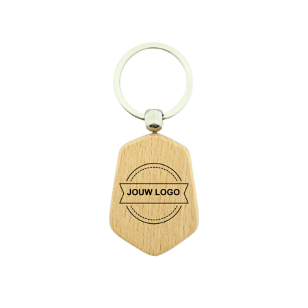 Houten sleutelhanger hexagon met logo 35x48mm - per 1 stuk
