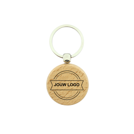 Houten sleutelhanger cirkel met logo 40x40mm - per 1 stuk