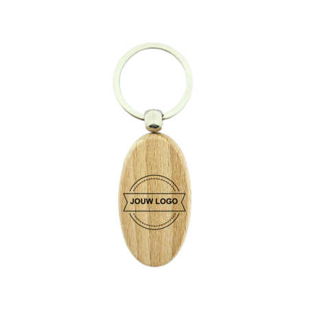 Houten sleutelhanger ovaal met logo 30x54mm - per 1 stuk