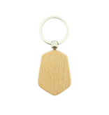 Houten sleutelhanger hexagon met logo 35x48mm - per 1 stuk