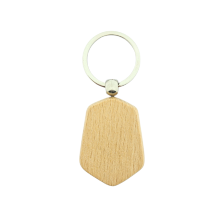 Houten sleutelhanger hexagon met logo 35x48mm - per 1 stuk