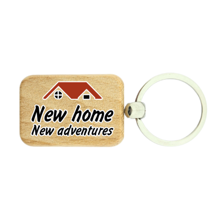 Houten sleutelhanger nieuw huis - New home, new adventures - per 1 stuk