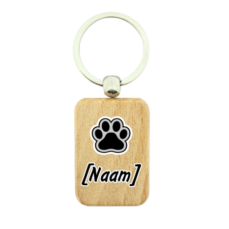Gepersonaliseerde houten sleutelhanger met hondenpoot en de naam van je huisdier - per 1 stuk