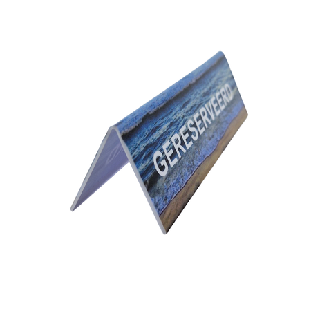 Polystyreen gereserveerd bordje strandthema met witte letters van polystyreen 130x40mm - per 1 stuk