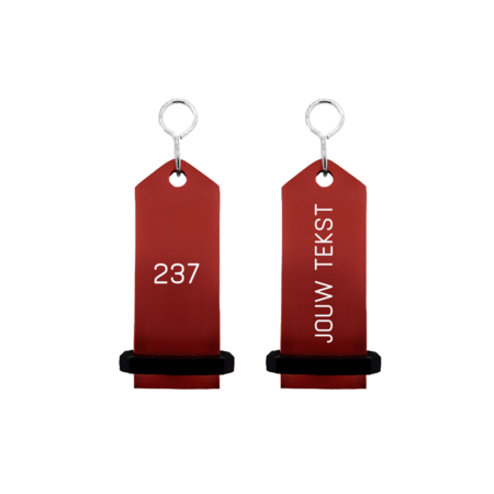 CombiCraft Midi Bumerang aluminium hotel sleutelhanger in rood met zilveren gravering 30x75 mm