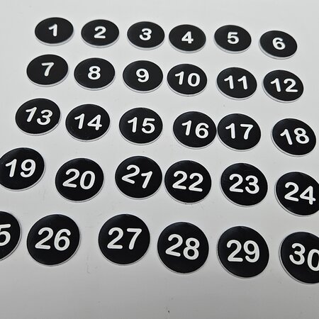 CombiCraft Restpartij Nummerplaatjes Plaknummers Acrylaat 24mm rond 1 t/m 30 met tape