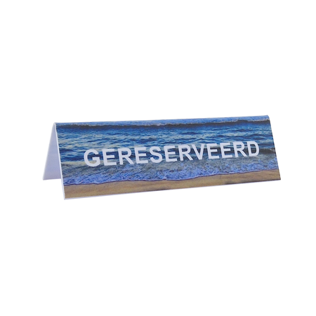 Polystyreen gereserveerd bordje strandthema met witte letters van polystyreen 130x40mm - per 1 stuk
