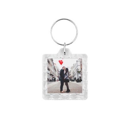 Plexiglas sleutelhanger met jouw foto vierkant geribbeld 39x39mm - per 1 stuk