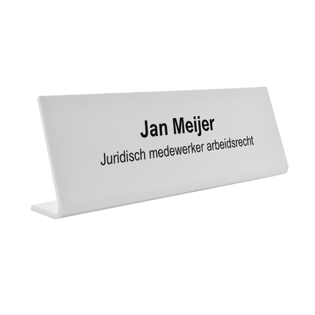 Bureau naambordje Kelby wit met functietitel in zwarte letters van plexiglas - per 1 stuk