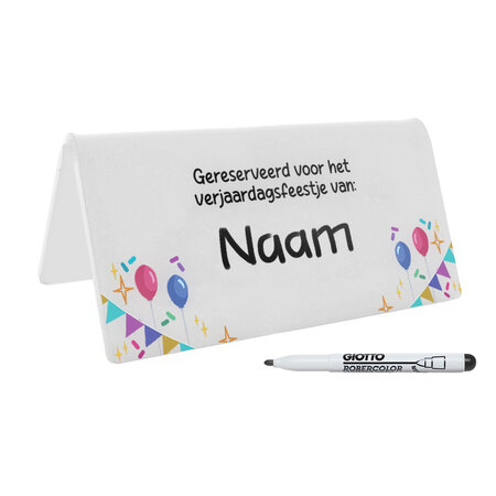 Gereserveerd bordje voor kinderfeestjes van plexiglas in wit 140x60x3mm met markeerstift - per stuk