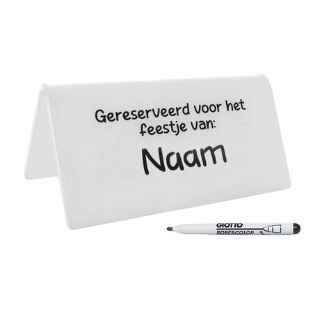 Gereserveerd bordje voor feestjes van plexiglas in wit 140x60x3mm met markeerstift - per stuk