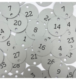 Nummerplaatjes Aluminium Zilver Rond ½mm dik met zwarte gravering en 2 gaatjes boven en onder