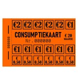 Consumptiekaarten 50 stuks  in een boekje met een waarde opdruk van €20,- in zwarte druk op gekleurd papier.
