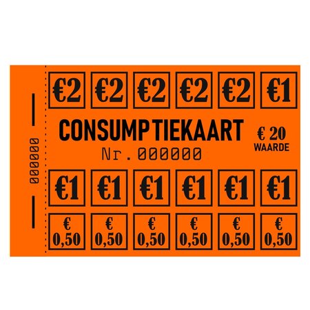 Consumptiekaarten 50 stuks  in een boekje met een waarde opdruk van €20,- in zwarte druk op gekleurd papier.
