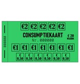 Consumptiekaarten 50 stuks  in een boekje met een waarde opdruk van €20,- in zwarte druk op gekleurd papier.