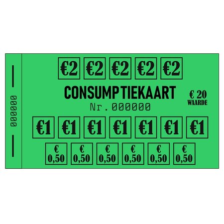 Consumptiekaarten 50 stuks  in een boekje met een waarde opdruk van €20,- in zwarte druk op gekleurd papier.
