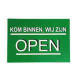 Bordje "Kom binnen, wij zijn open" en "Helaas wij zijn gesloten"