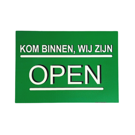 Bordje "Kom binnen, wij zijn open" en "Helaas wij zijn gesloten"