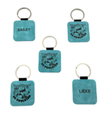 Leren sleutelhanger vierkant met logo in turquoise 50x50mm - per 1 stuk