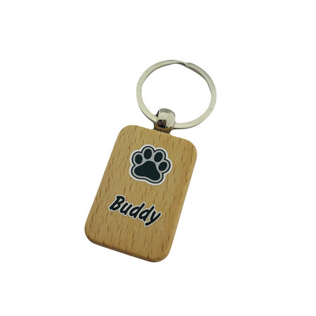 Gepersonaliseerde houten sleutelhanger met hondenpoot en de naam van je huisdier - per 1 stuk