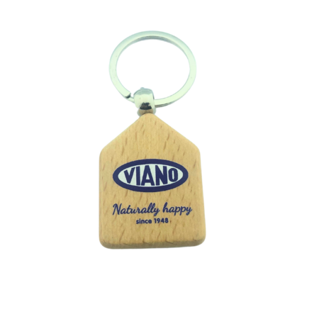 Houten sleutelhanger huis met logo 35x45mm - per 1 stuk
