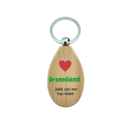 Houten sleutelhanger druppel met logo 36x58mm - per 1 stuk