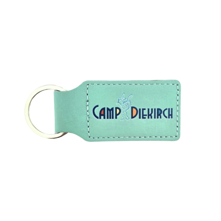 Leren sleutelhanger rechthoek met logo in turquoise 33x70mm - per 1 stuk