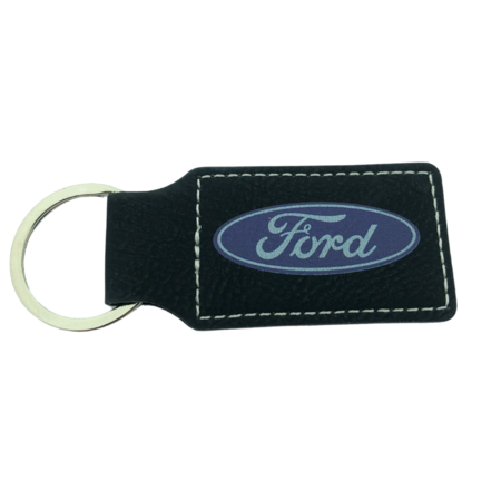 Leren sleutelhanger rechthoek met logo in zwart 33x70mm - per 1 stuk