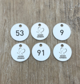 Tot 20cm² RONDE logoplaatjes in Aluminium met weersbestendige full Colour druk, in vele maten, scratch, met tape of met 1 of 2 gaatjes.
