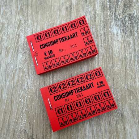 Consumptiekaarten 50 stuks  in een boekje met een waarde opdruk van €20,- in zwarte druk op gekleurd papier.