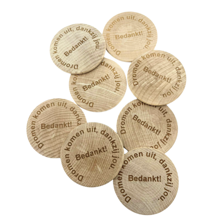 CombiCraft Houten munten met eigen gravering Ø50mm - per 50 stuks