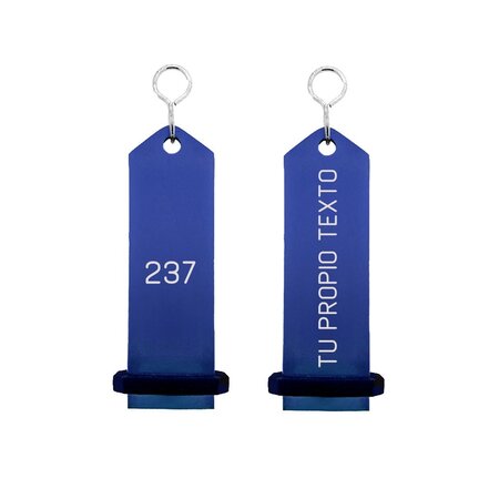 CombiCraft Bumerang aluminium hotel sleutelhanger in blauw met zilver gravering 30x100 mm