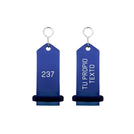 CombiCraft Midi Bumerang aluminium hotel sleutelhanger in blauw met zilveren gravering 30x75 mm