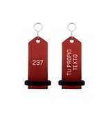 CombiCraft Midi Bumerang aluminium hotel sleutelhanger in rood met zilveren gravering 30x75 mm
