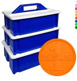 Consumptiemunten, 6000 stuks met 1-consumptie aan beide zijden samen met 3 gereedschapskisten c.q.  opbergboxen in het blauw.