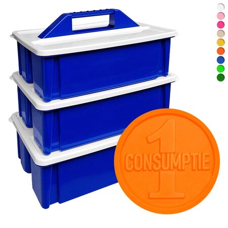 Consumptiemunten, 6000 stuks met 1-consumptie aan beide zijden samen met 3 gereedschapskisten c.q.  opbergboxen in het blauw.
